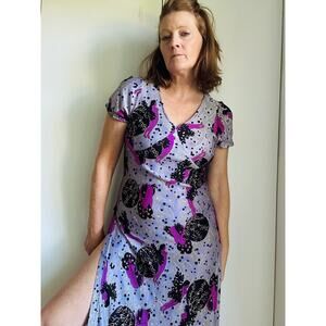 Vintage 70s Maxi Dress Sea Siren Print Purple Black Sexy Fit Side Slits Maxi